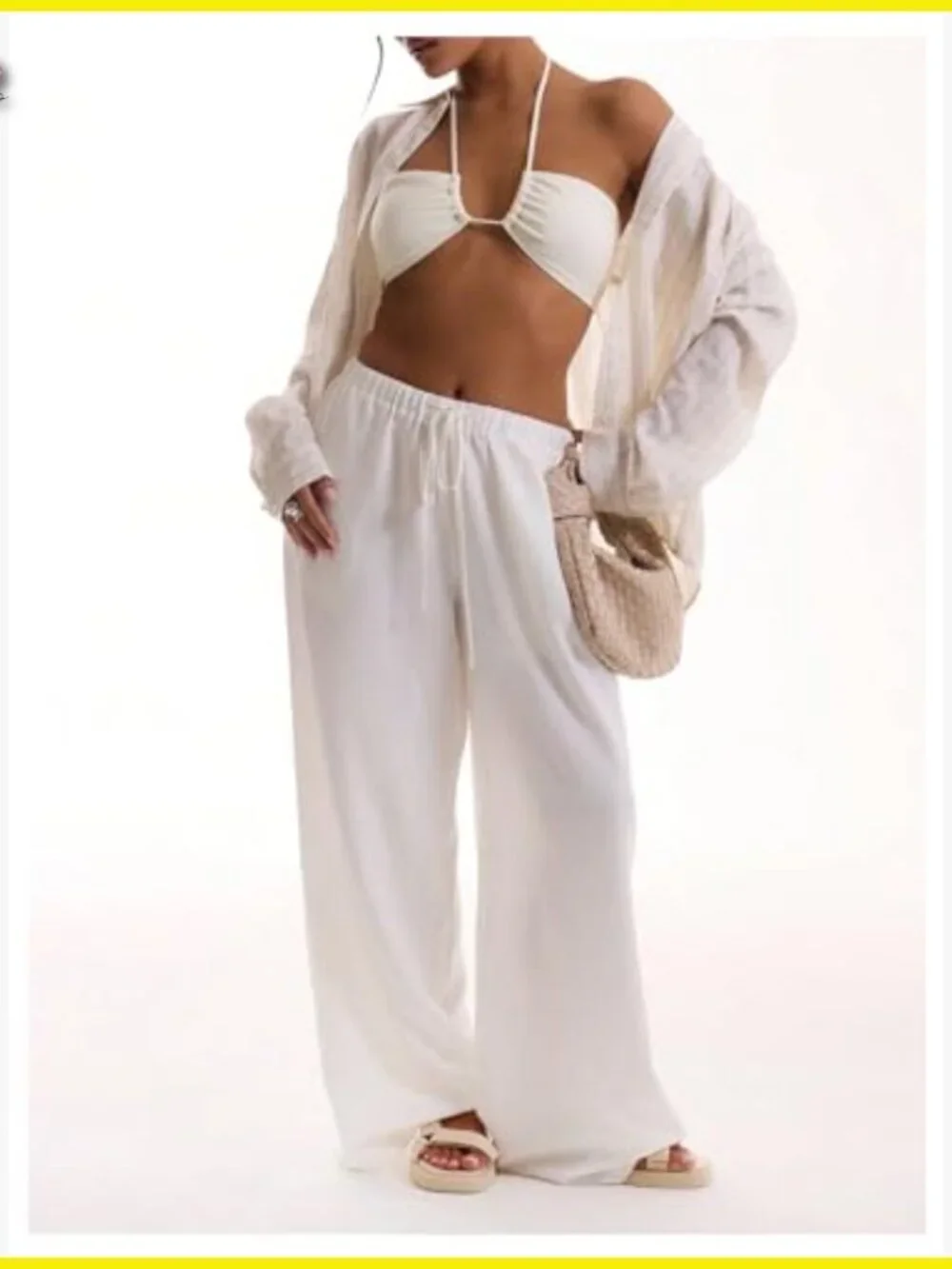 Linen Wide Leg Palazzo Pants Beach Coverup Loose Fit Summer Vacation Outfit